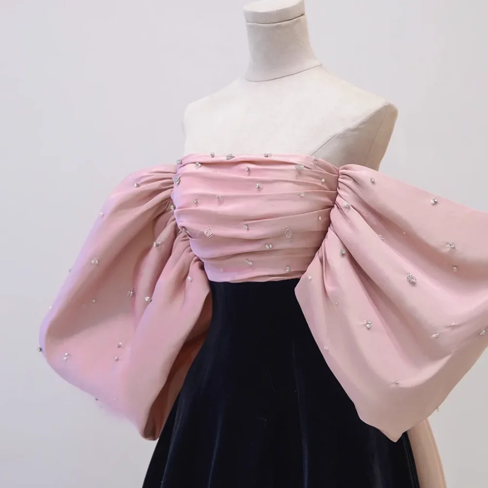 فساتين حفلة موسيقية مخصصة على شكل حرف A أنيقة وحديثة بدون حمالات رداء حفلات بدون أكتاف مطرز بالخرز فستان سهرة بفيونكة فيستدو دي نوفيا