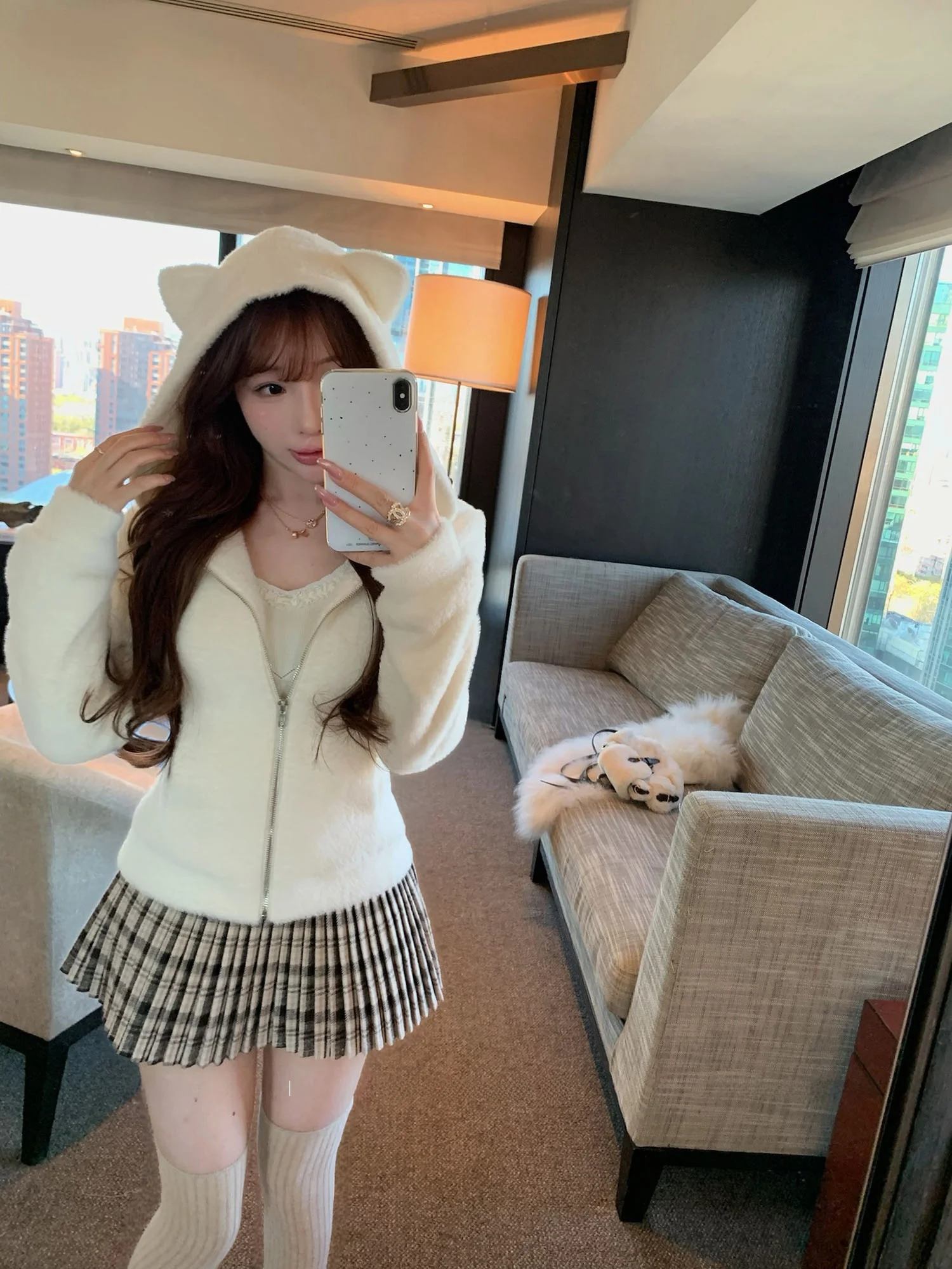 

Lukira Women's Long Sve Furry Jaet with Ears Hood Warm Casual Sle Polyester Fiber Coat for Autumn Winter