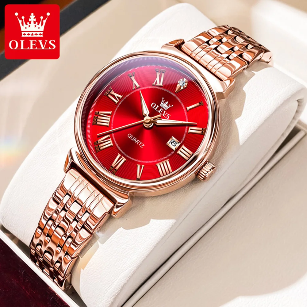 OLEVS-Montre à Quartz de Luxe pour Femme, en Acier Inoxydable, de Couleur Or Rose, Étanche, avec Date, Rouge, à la Mode, 2024