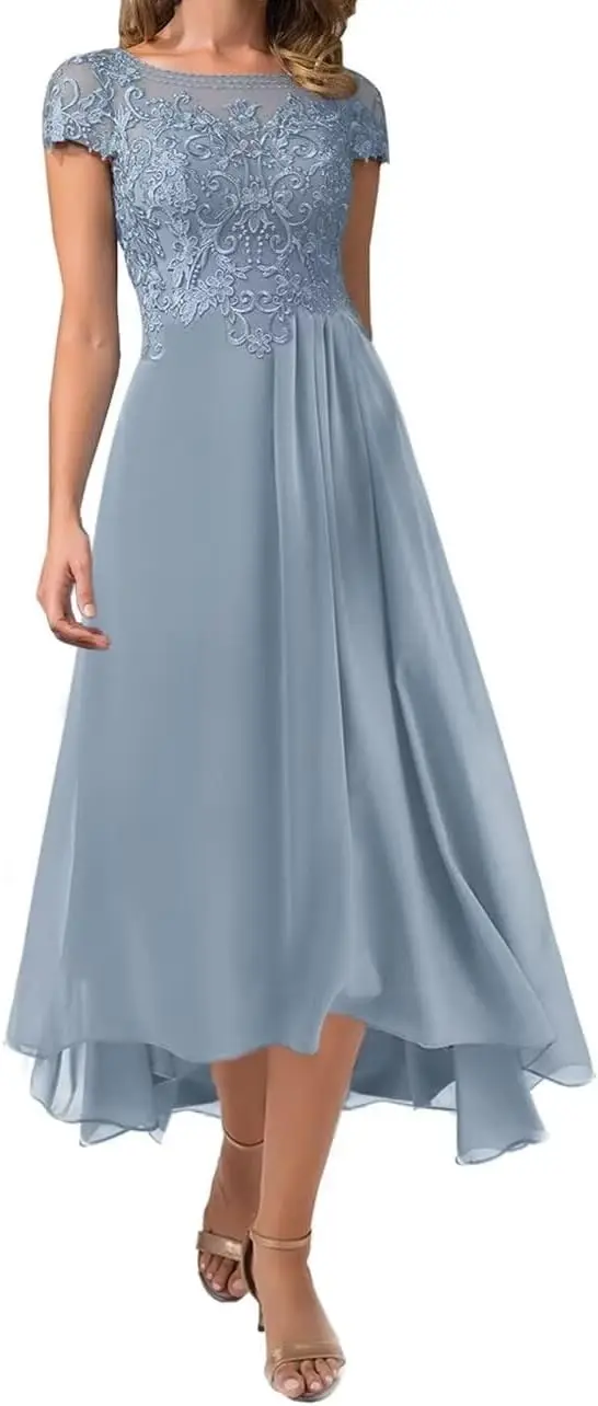 

Tea Length Chiffon Mother of The Bride Dresses Women's Cap Sleeve Lace Applique Wedding Guest Evening Gowns for Women