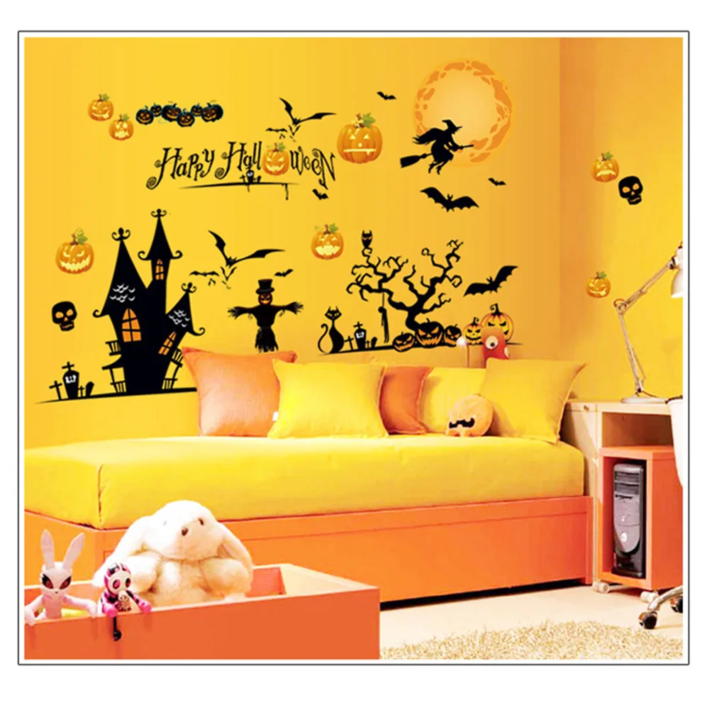 10pcs Halloween Bat Pumpkin Print Electrostatic Stickers For Window Glass Door Home Party Decorations