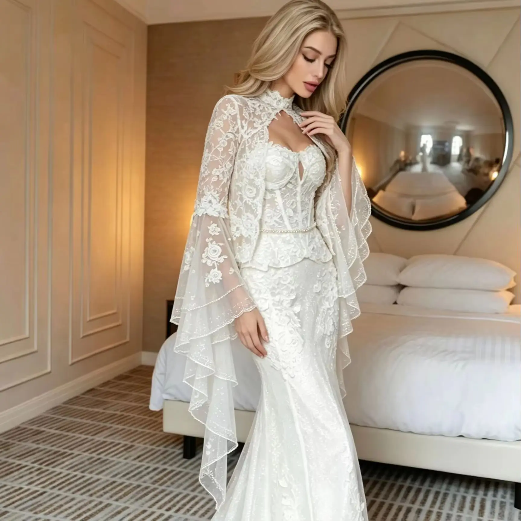 Chic High Neck Bridal Shrug Sheer Rose Floral Lace Capelet Wide Flared Cape Sleeves Scalloped Edge Wedding Beach Ceremony