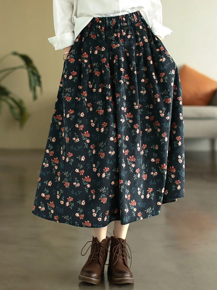 Max LuLu 2022 Winter Womens Fashion Loose Vintage Printed Corduroy Skirts Ladies Luxury Elegant Casual Harajuku Floral Clothes