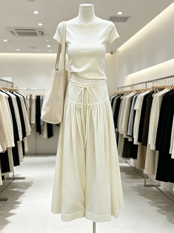 

Large Size Women's Summer New Style White Youthful Short T-Shirt Wide Leg Pants Skirt Two-Piece Set Casual High Waist