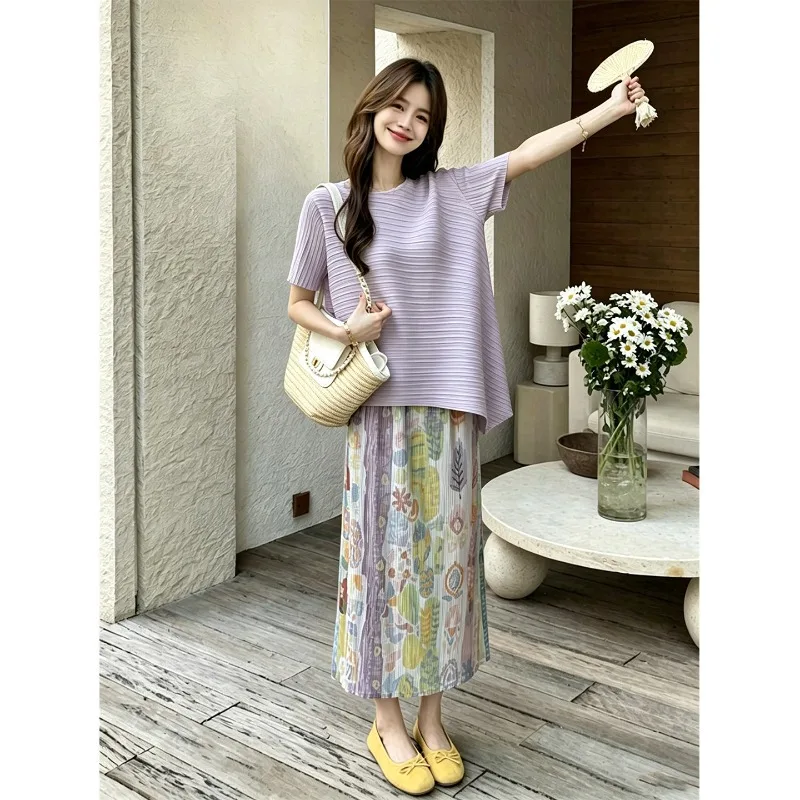 

Miyake Pleated Dopamine Print Skirt Set Plisse Women 2026 Summer New Short Sleeve Pleats Top and Skirt Slimming Two-Piece Outfit
