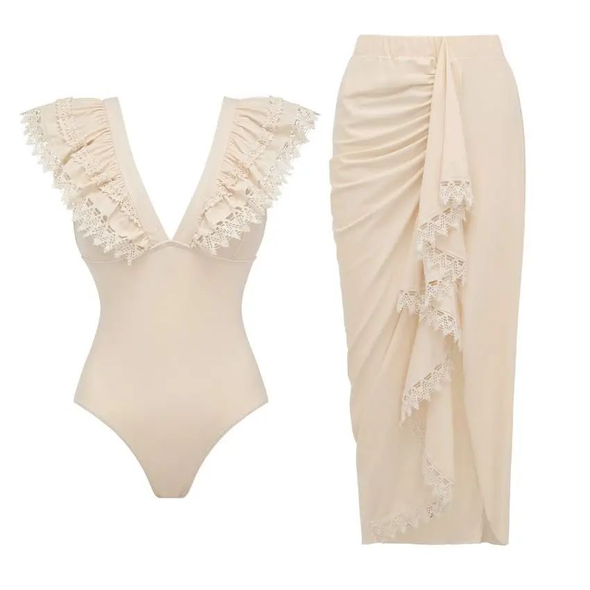 

Женский комплект купальников без рукавов с кружевной отделкой и рюшами, бикини с макси-платьем для пляжного отдыха, летний, однотонный