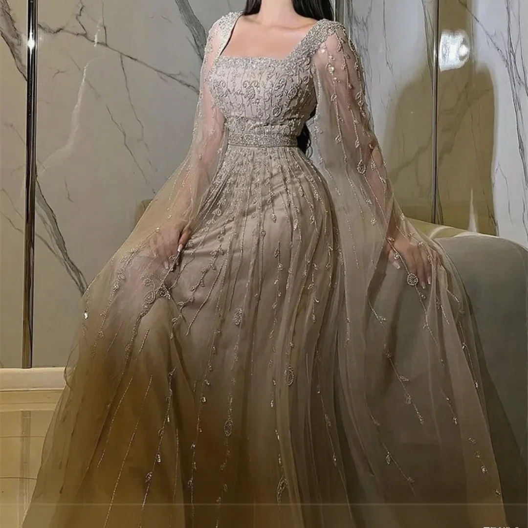 

Dubai Beaded Crystals Wedding Party Gown Prom Dress New Arrival Luxury Evening Dresses With Cape 2025 Customized