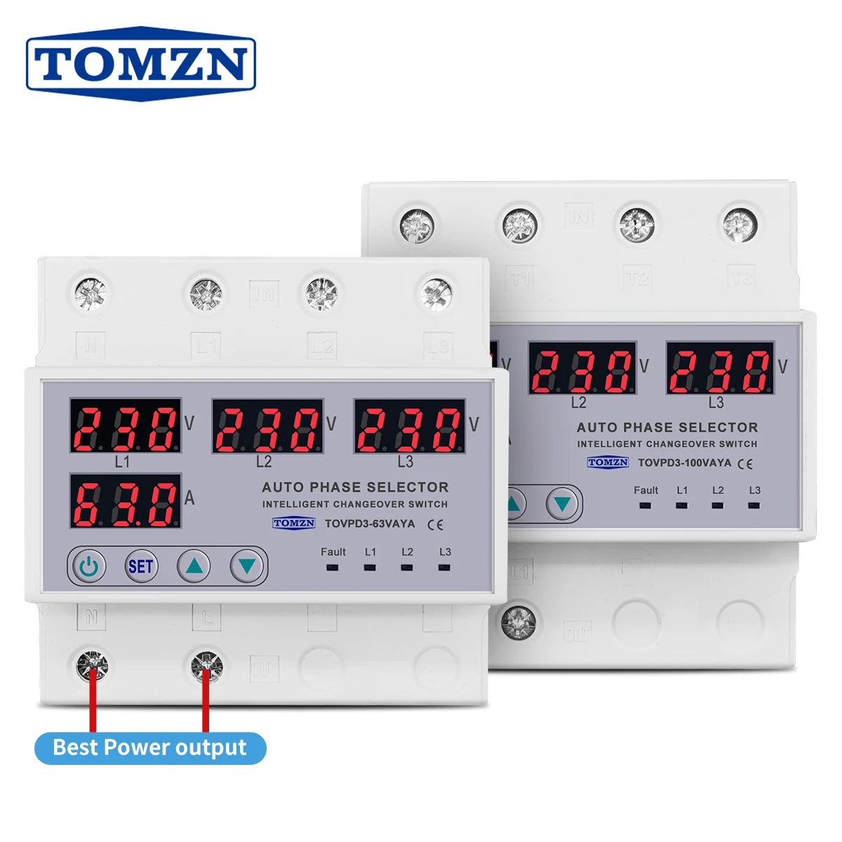 

100A 63A 3 phase 3P+N Din rail phase selector adjustable Over and Under Voltage current protection Monitor Relays Protector