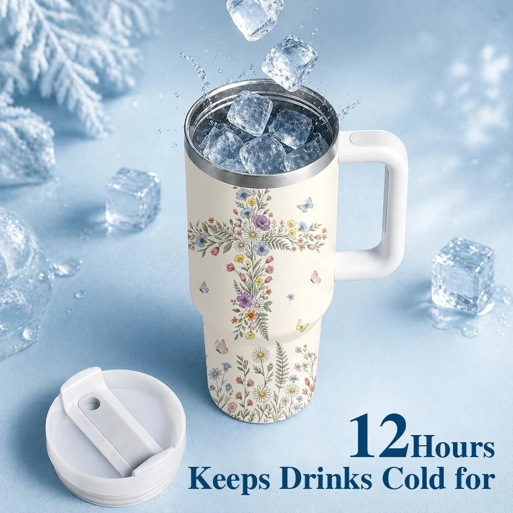Encouraging Women Christian Words Flower Vacuum Flasks 40oz Stainless Steel Insulated Tumbler Handle Straw Leakproof Travel Mug