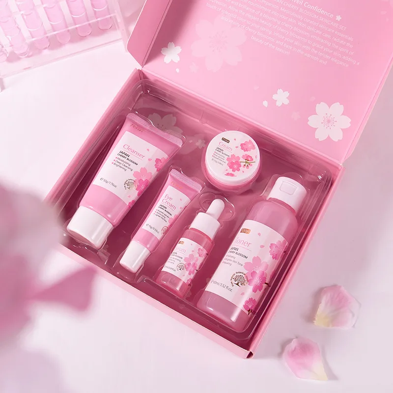 Japanisches Sakura Hautpflege set 5-teiliges Gesichtspflege-Kit Essenz Creme Reiniger Toner Serum Augen creme feuchtigkeit spendend glatte feine Linien