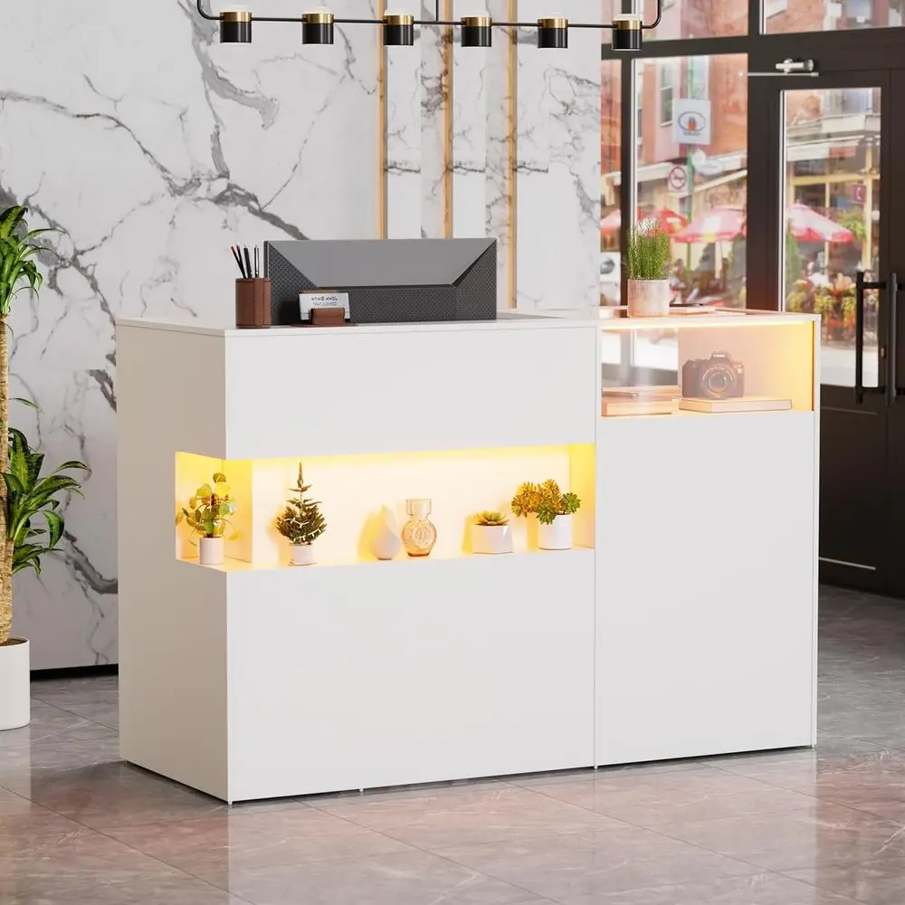 

Большая стойка ресепшн с прилавком, современный стол для приемной с LED-подсветкой и стеклянной полкой, прилавок для розничной торговли