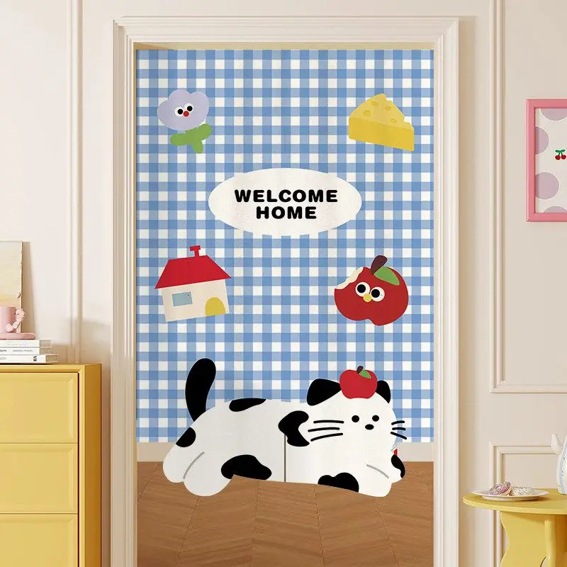 VIKAMA Plaid Stripe Puppy House Noren Split Door Curtain Room Divider Privacy Curtain for Kids Bedroom Cozy Home Decor
