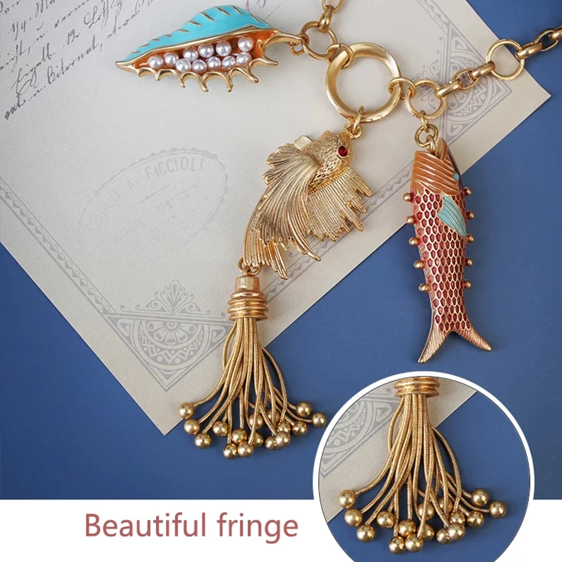 Marine organisms Long Fish Fringe Necklace Boho Pendant Summer Beach girls mermaid accessories Jewelry for Women Gift