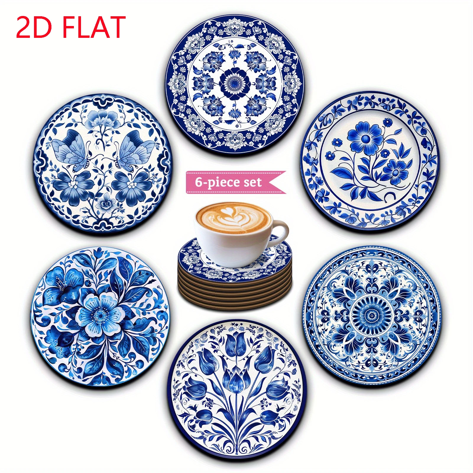 2D Flat, 6pcs Classical Printed Circular Wooden Coaster - Heat-resistant Non Slip Beverage Mat for Home Bar Office Decor Coaster