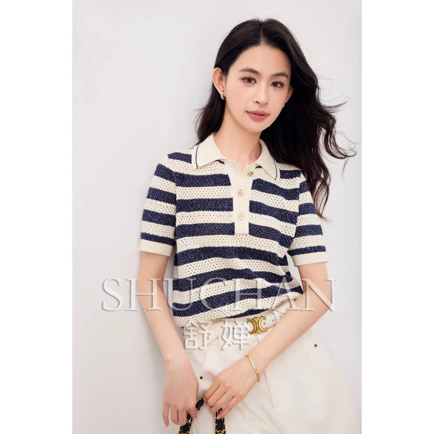

Mulberry Silk Long-staple Cotton Beads POLO Neck Hollow Striped Knitted Sweater Women Summer