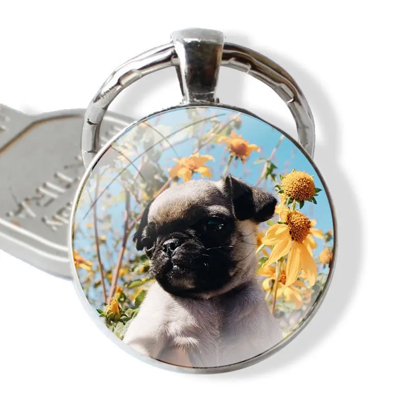 Pug dog cute lovely funy Keychain Handmade Glass Cabochon Key Ring Holder Pendant Key Chains