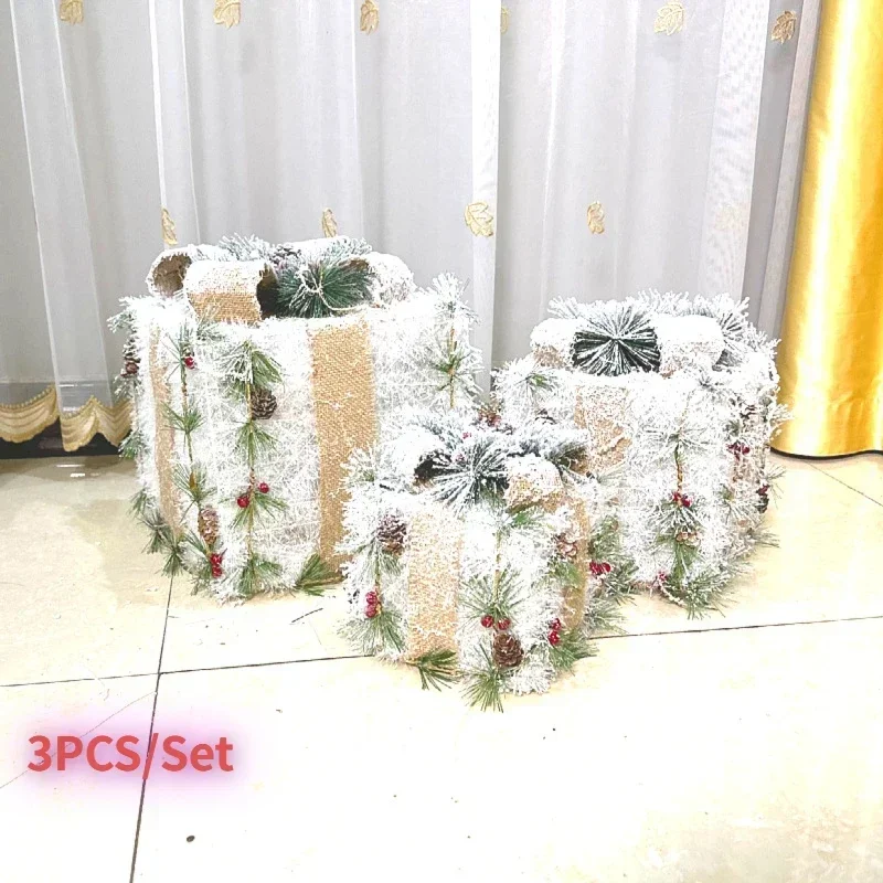 3pcs Ironwork Gift Box with Lightsgift  Merry Christmas Ornaments Indoor and Outdoor Home Courtyard Lawn Decoration 2024