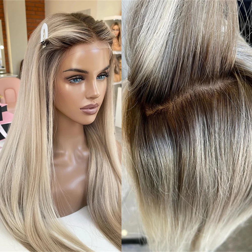 Natural Roots Blonde Wig Soft Futura Fibre Straight Synthetic Lace Frontal Wigs HD Invisible Lace Wig for Women with Hair Loss