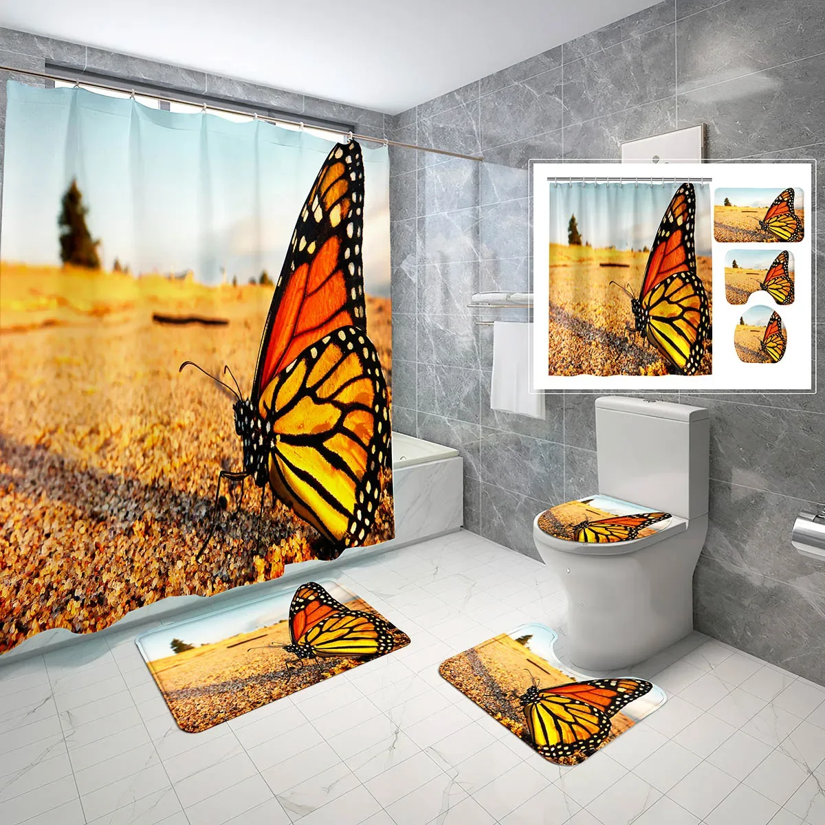 

4 PCS Butterfly Shower Curtain Set Monarch Butterflies Fantasy Art Shower Curtain Bathroom Non-Slip Bath Mat Toilet Cover Cover