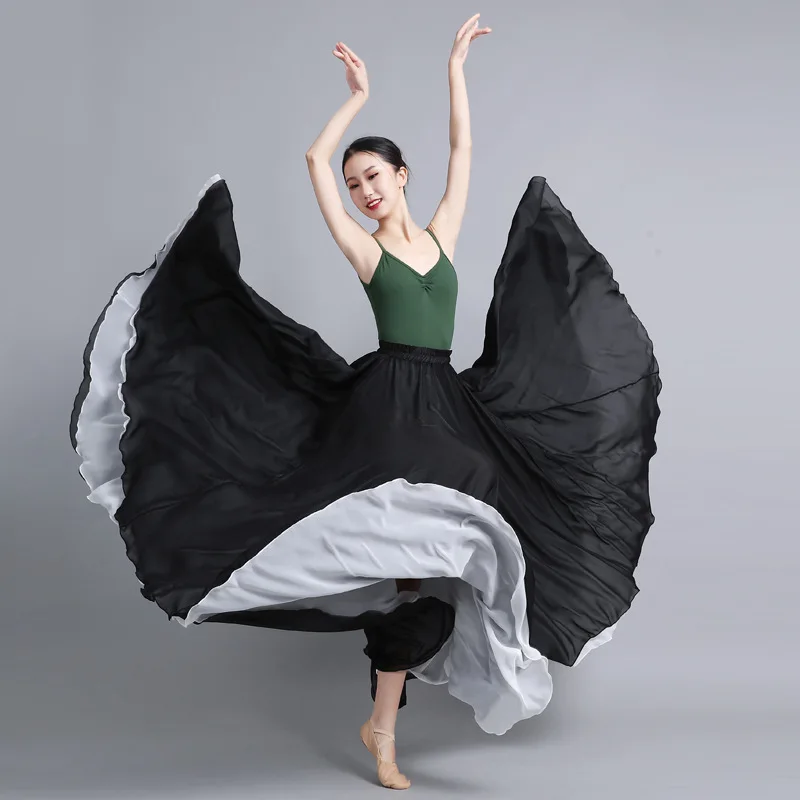 Saia de dança Flamenco Chiffon feminina, saias longas dançarina, roupa prática, estilo chinês, bainha grande, 720 graus, cor sólida