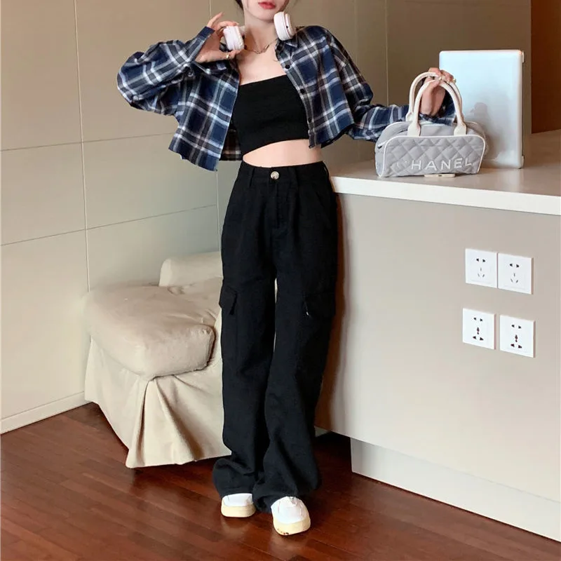 Trend Plaid Short Blouse Spring New Long Sleeve Polo Neck Youth Loose Street Casual Shirt Tops Korean Fashion Women Clothing