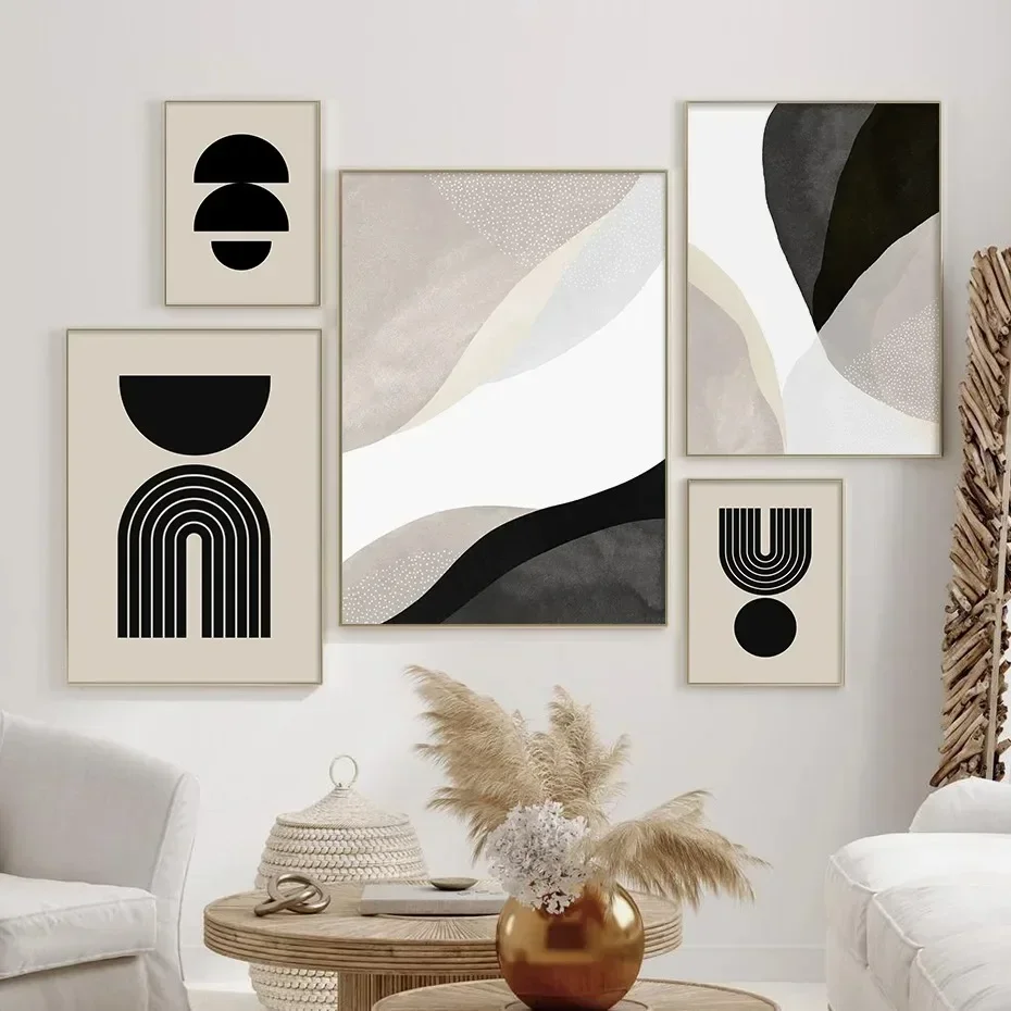 Impresión moderna, decoración abstracta minimalista, arte de pared geométrico negro y Beige, pintura en lienzo, póster artíst