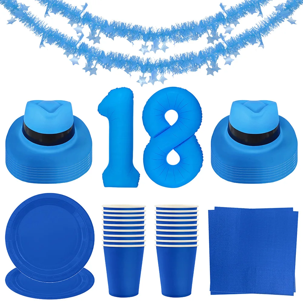 Einfarbig Blau Thema Geburtstag 18. Männer Dekorationen Party Einweggeschirr Papierservietten Tassen Teller Blaue Hüte Party Dekor