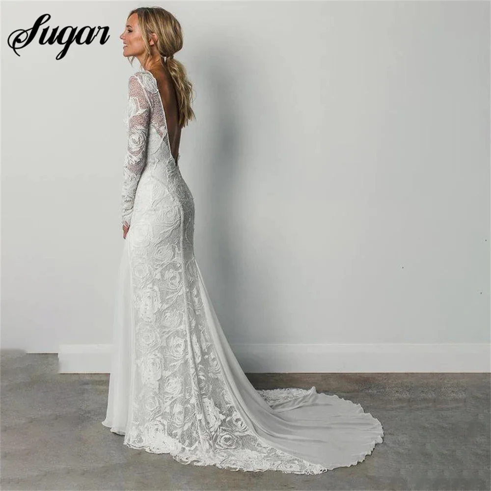 Mermaid Sexy Wedding Gown Scoop Neck Long Sleeves Ivory Wedding Dress Rustic Lace Bridal Gown Backless vestidos de novia