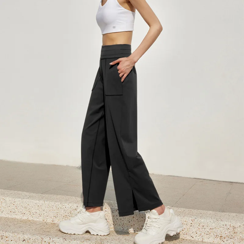 New Yoga Wide Leg Pants With High Waist And Drop Feeling Straight Leg Casual Pants, Drawstring Pocket Sports Bell shaped Pants