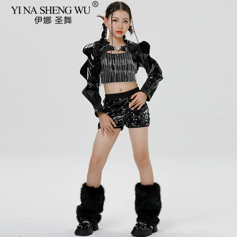 Traje de baile de Jazz con lentejuelas para niñas, pantalones cortos negros con lentejuelas, Top corto para chico, trajes de baile callejero de Hip Hop, ropa de actuación de baile k-pop