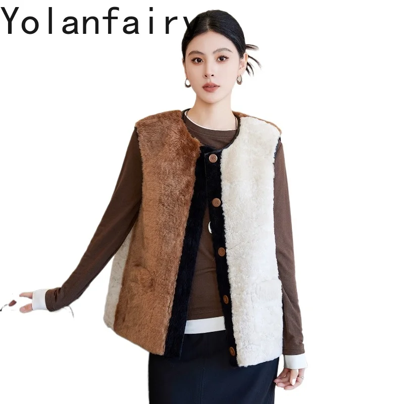 YOLANFAIRY Natural Fur Vest Woman Genuine Sheepskin Shearling Vests Autumn Winter Elegant Real Fur Waistcoat Fashion Fur Gilet