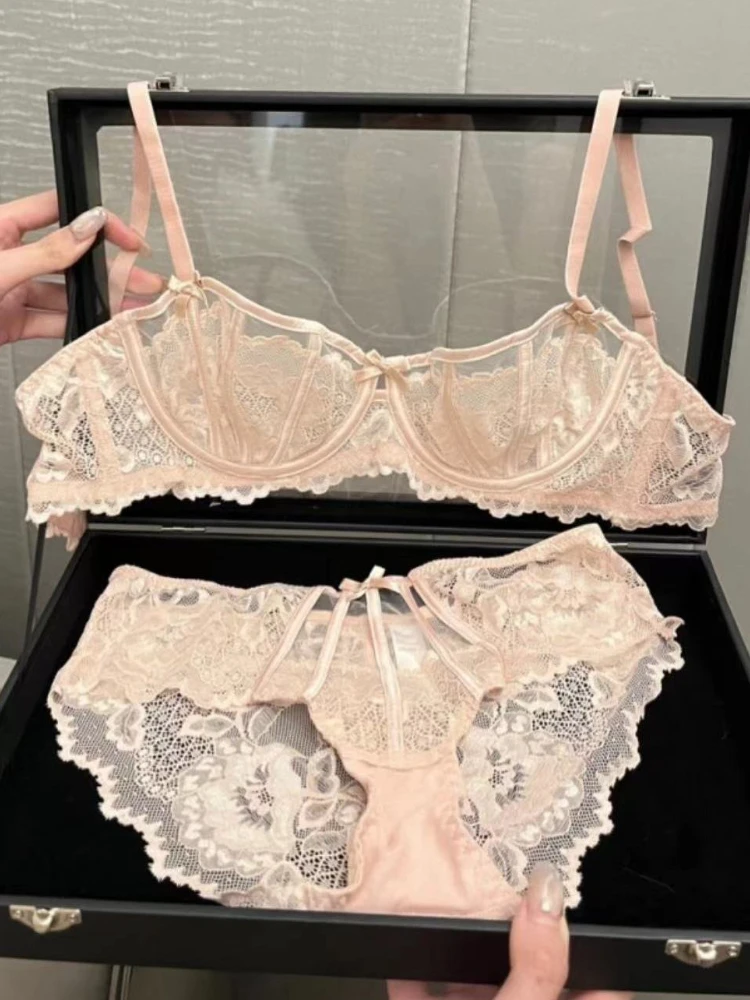 

French Sexy Bra Suit Women Half Cup Ultra-thin Lace Y2k Mesh Show Small Chest Pure Desire To Gather Anti-sagging Lingerie 2025