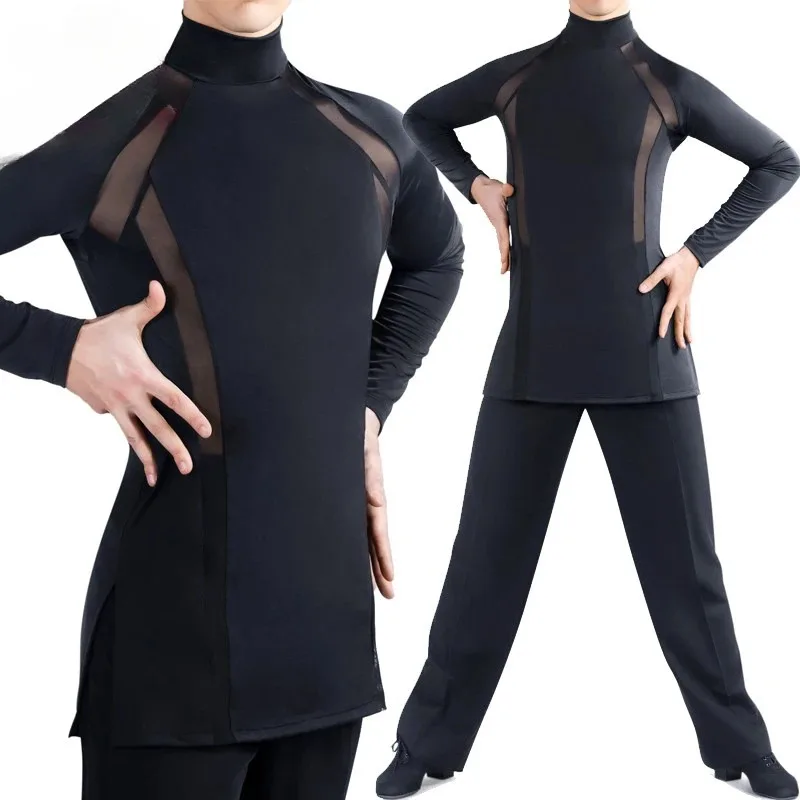 الرجال عالية الرقبة اللاتينية الرقص قمم جديد شبكة الربط المنافسة قمصان طويلة الأكمام أعلى ممارسة الرقص دعوى قاعة الرقص أزياء رقص #3