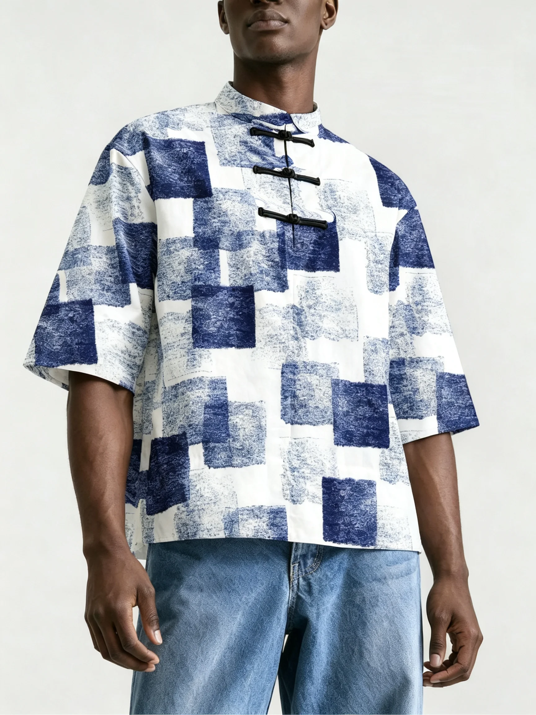 Men Men Chinese Style Frog Button Stand Collar Shirt, Loose Short Sleeve Geometric Flame Crane Print Casual Blouse For Summer - Aliexpress Deal