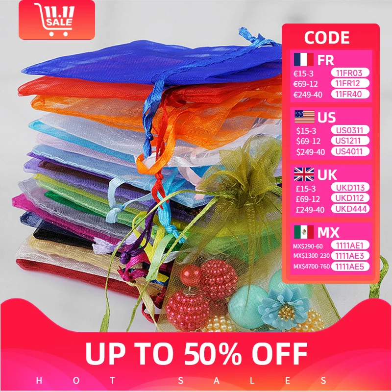 

100PCS Various colors and sizes Organza Drawstring Bag Jewelry Packaging Bags Wedding Gift Storage Drawstring Pouches