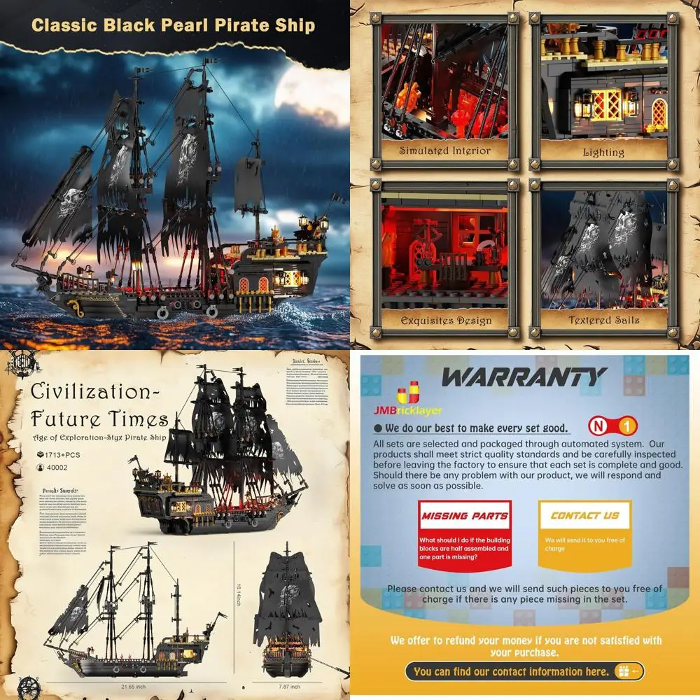 Illuminated Pearl Pirate Ship Model Kit 40002, 1713-Piece Building Toy for Teens & Adults 14+, Ideal for Home or Office Decor