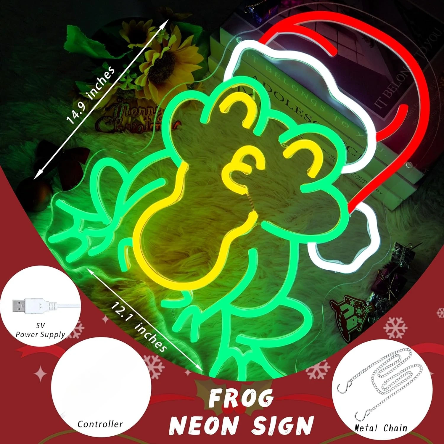Рождественская лягушка Неоновая вывеска USB с регулируемой яркостью Светодиодный неоновый свет для вечеринки, бара, салона, клуба, новогодний домашний декор, Рождественская шляпа Санта-Клауса, свет, подарок