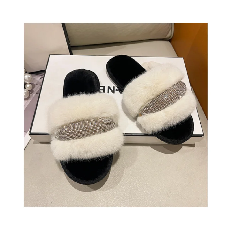 Diamond Inlaid Flat Bottomed 2023Winter Slippers Women\'S Fashion Casual Flat Fur Slippers Ladies Shoes Sapatos Feminino Chanclas