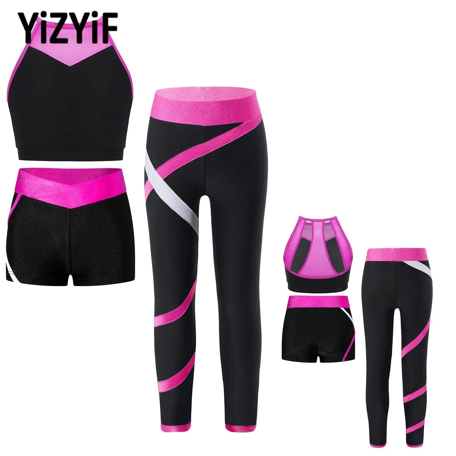

Child Girls Color Block Sports Set Gymnastics Performance Cutout Back Vest+Shorts+Leggings Suit for Workout Yoga Running Cycling