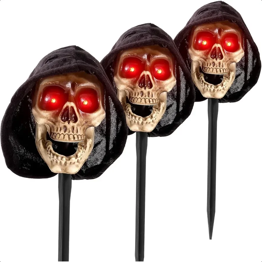 

Halloween Animatronics Grim Reaper Pathway Markers Scary Talking Skull Head with Sound Activated Creepy Voice Light Up Eyes Mou