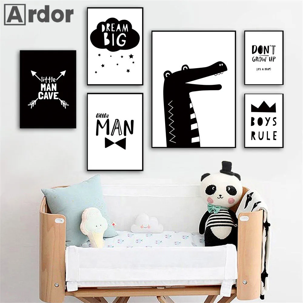 Black White Canvas Poster Boys Rule Quotes Wall Art Print Crocodile Arrow Nursery Painting Nordic Wall Pictures Kids Room Decor