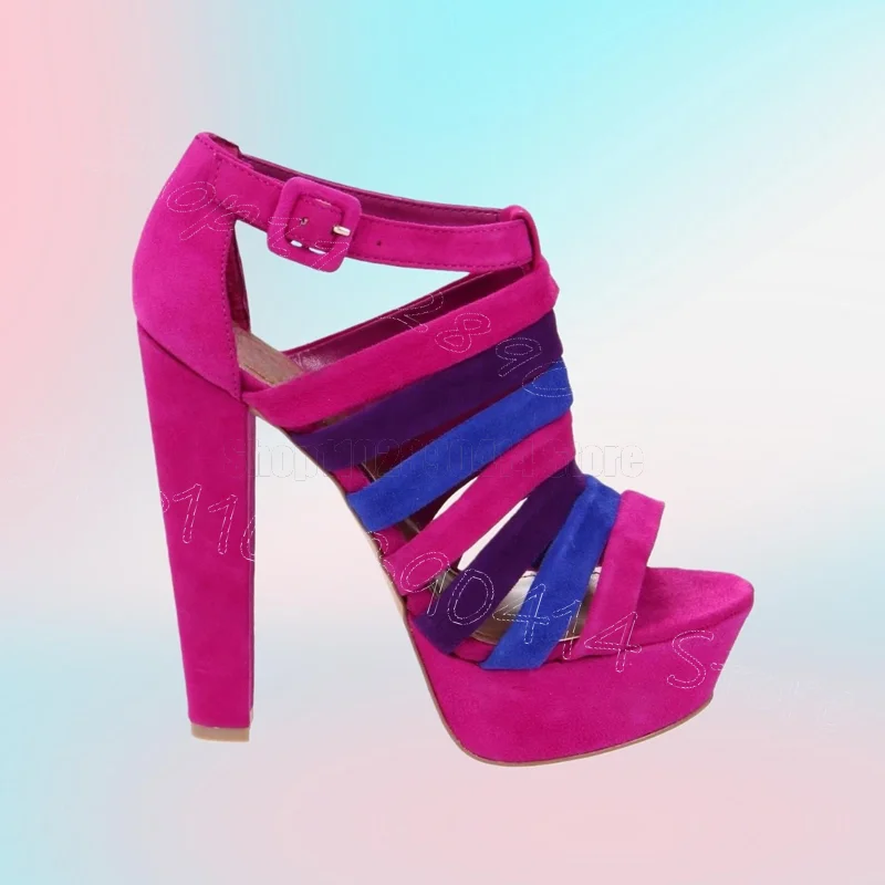 Colorful Suede Stripe Design Open Toe Sandals Buckle Strap Women Shoes Chunky High Heels Party Dating 2026 Zapatos Para Mujere
