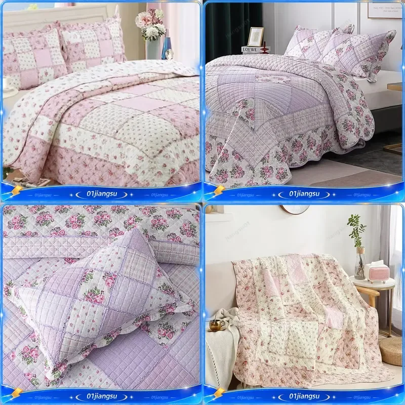 Floral Print Cotton Quilt Bedspread Applique Duvet Cover Set with Pillowcase Plaid Blanket Coverlet Soft Breathable Bedding