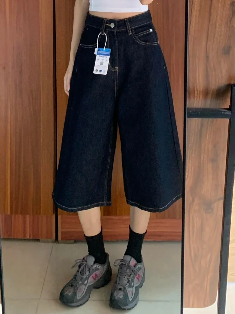 

American Style Vintage Dark Denim Shorts Women Summer Thin High Waist Loose Slimming Large Size Seven Wide Leg Medium Pants