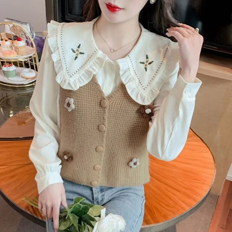 Women Vintage Fashion 3D Flower Cute Sweet Button Knitted Sweater Vest 2024 Spring Autumn V Neck Sleeveless Slim Chic Waistcoat