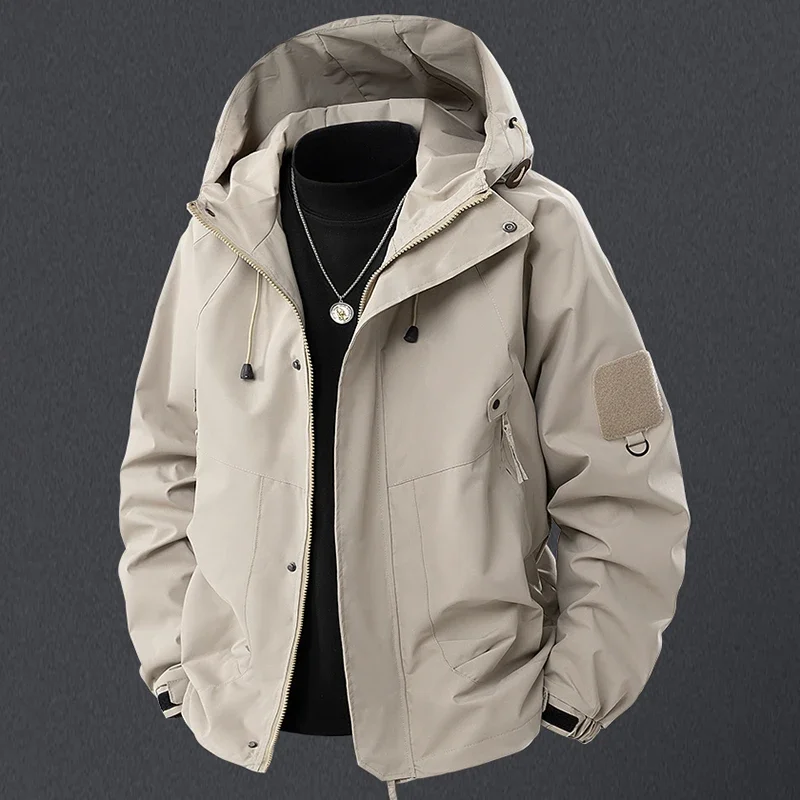 Men's Outdoor Hooded Jacket Spring Autumn Windbreaker Waterproof Mountain Skiing Hiking Camping Multiple Pockets Zipper Jackets