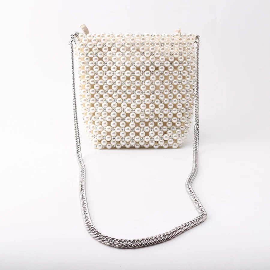 ZA New Pearl Beaded Bag White Beaded Fairy Portable Messenger Bags with Chain Female Purses and Handbags Cross Body Bag Woman