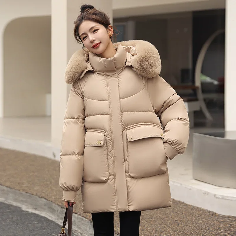 Parka grossa com capuz feminino com gola de pele, jaqueta grande, bolsos grandes, casaco frio, quente, estilo coreano, moda inverno, 2023