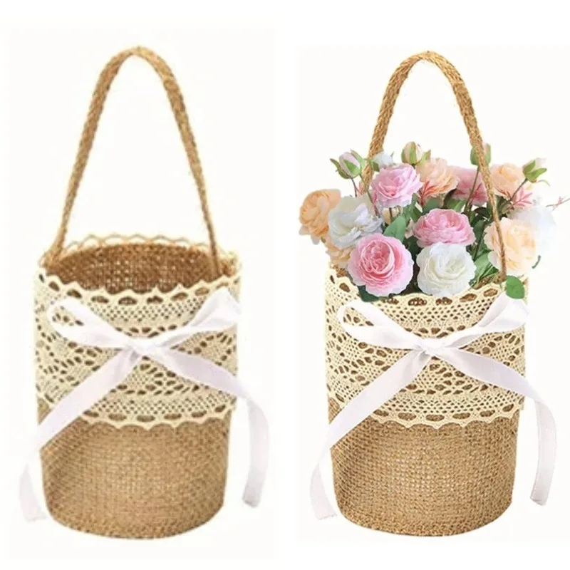 

1Pc Wedding Lace Burlap Flower Basket Linen Handle Vintage Rustic Wedding Table Decoration Baby Shower Party Candy Gift Bag