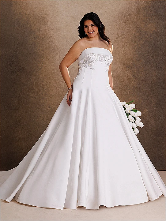 Customized White Strapless Plus Size Ball Gown Wedding Dress Embroidery Lace Waist Solid Satin Floor Length Curvy Bridal Gown